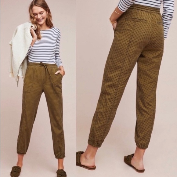Anthropologie Pants - by Anthropologie Olive green and blue polka-dot joggers size XS